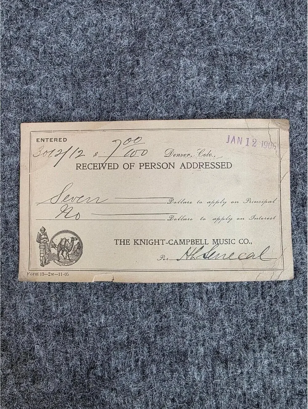 1906 Knight-Campbell Music Co. Receipt Denver Colorado Vintage Ephemera